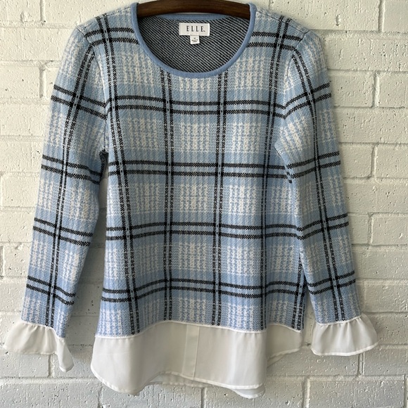 ELLE Plaid Knit Top Sweater Sz M Long Sleeves/Ruffled Cuffs Layered Shirttail. - Picture 1 of 9